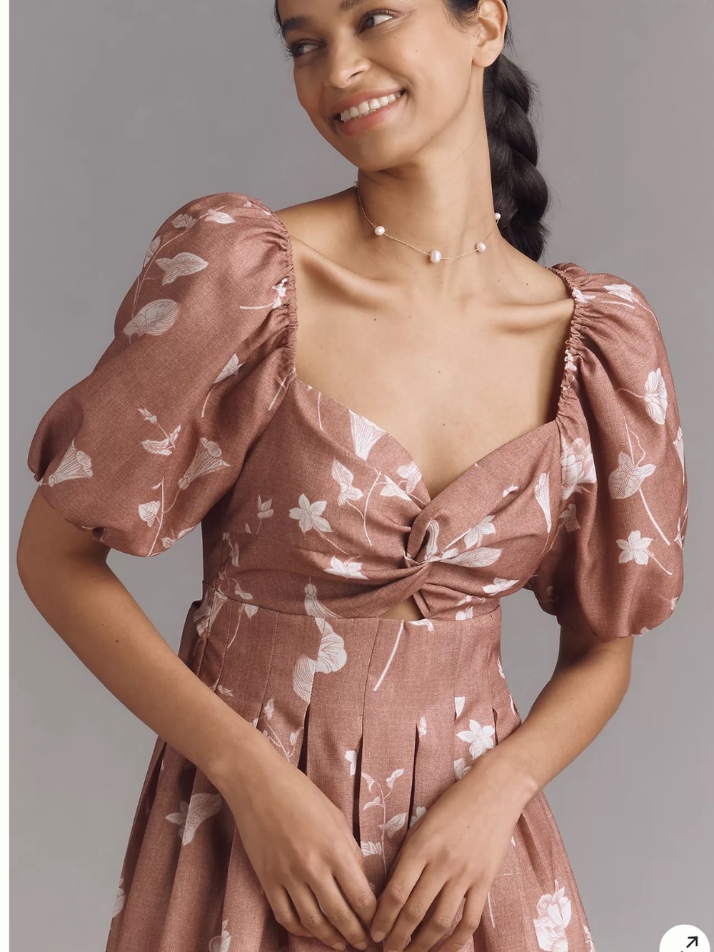 En Saison Rosewood Floral Puff-Sleeve Twist Dress Top